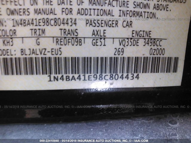 1N4BA41E98C804434 - 2008 NISSAN MAXIMA SE/SL BLACK photo 9