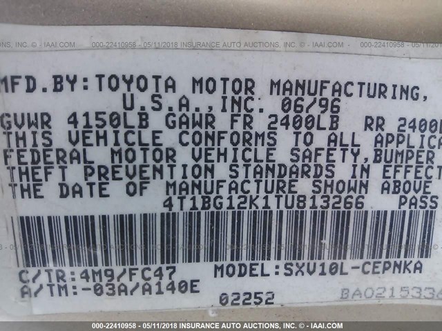 4T1BG12K1TU813266 - 1996 TOYOTA CAMRY DX/LE/XLE თაფლისფერი ფოტო 9