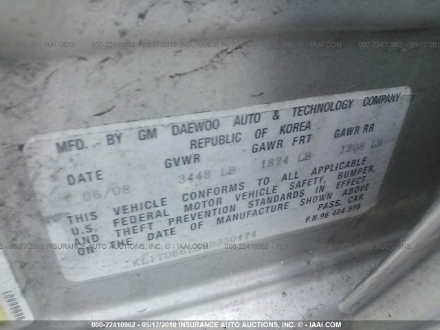 KL1TD66E59B330474 - 2009 CHEVROLET AVEO LS/LT 银色 照片 9