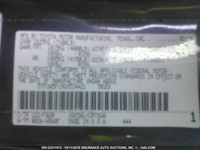 5TFUW5F19GX534421 - 2016 TOYOTA TUNDRA DOUBLE CAB SR/SR5 GRAY photo 9