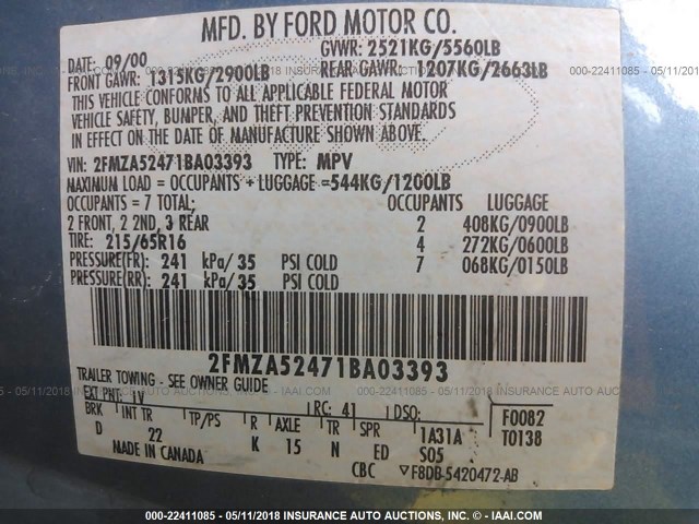 2FMZA52471BA03393 - 2001 FORD WINDSTAR SE BLUE photo 9