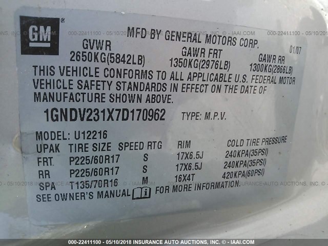 1GNDV231X7D170962 - 2007 CHEVROLET UPLANDER LS თაფლისფერი ფოტო 9