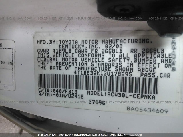 4T1BE32K13U178695 - 2003 TOYOTA CAMRY LE/XLE/SE Ақ фото 9