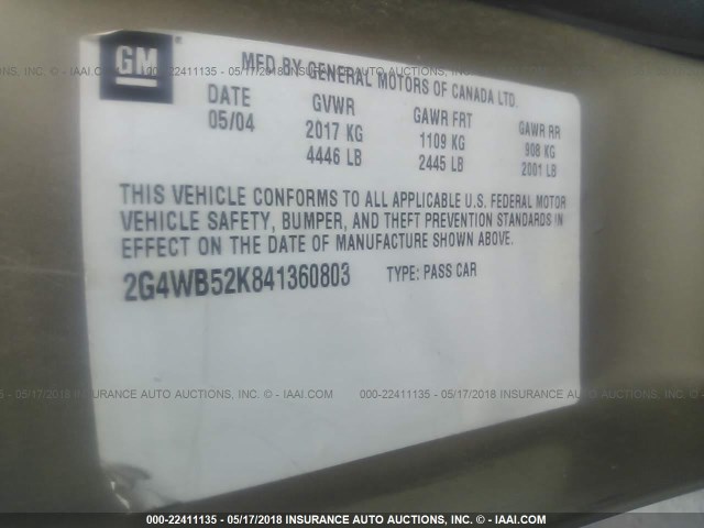 2G4WB52K841360803 - 2004 BUICK REGAL LS 金色 照片 9