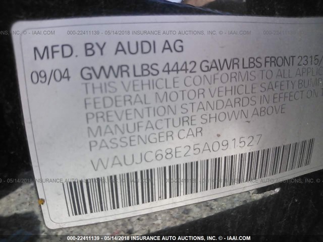 WAUJC68E25A091527 - 2005 AUDI A4 1.8T/1.8T SPECIAL BLACK photo 9