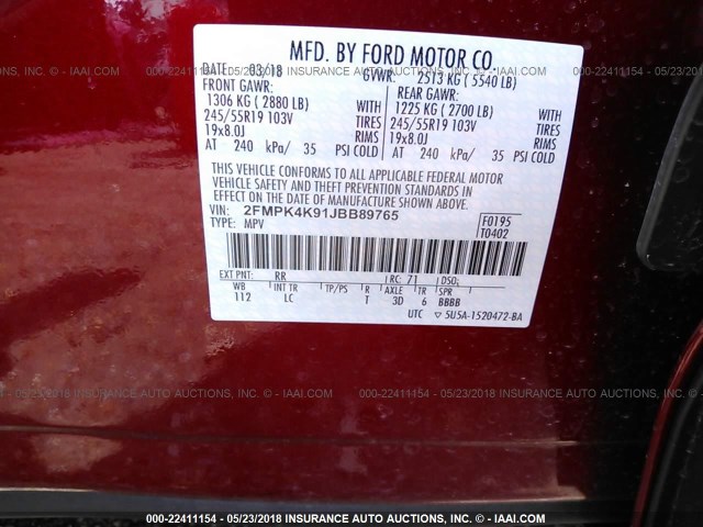 2FMPK4K91JBB89765 - 2018 FORD EDGE TITANIUM RED photo 9