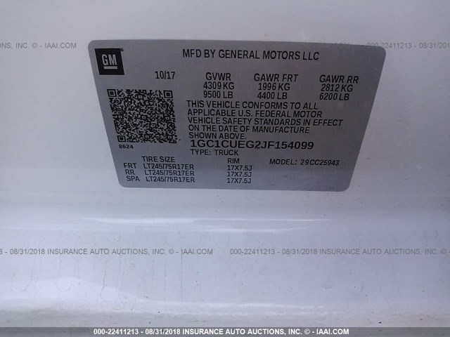 1GC1CUEG2JF154099 - 2018 CHEVROLET SILVERADO C2500 HEAVY DUTY WHITE photo 9