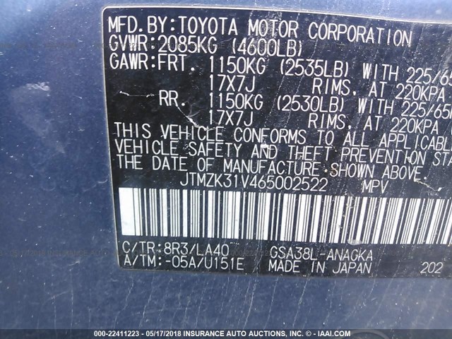 JTMZK31V465002522 - 2006 TOYOTA RAV4 LIMITED BLUE photo 9