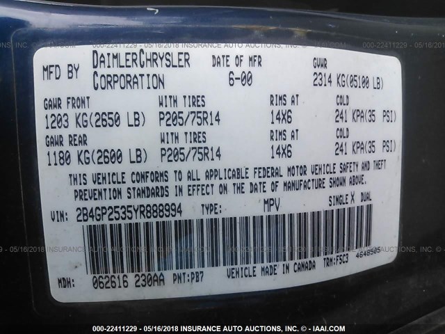 2B4GP2535YR888994 - 2000 DODGE CARAVAN BLUE photo 9