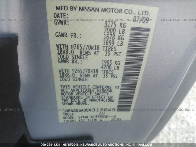 1N6BA06A09N317649 - 2009 NISSAN TITAN XE/SE/LE SILVER photo 9