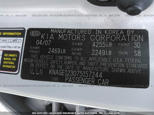 KNAGE123075157244 - 2007 KIA OPTIMA LX/EX SILVER photo 9