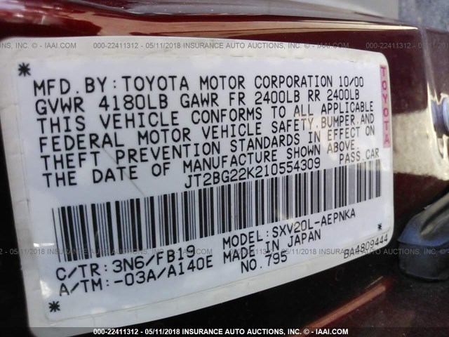 JT2BG22K210554309 - 2001 TOYOTA CAMRY CE/LE/XLE 勃艮第红 照片 9