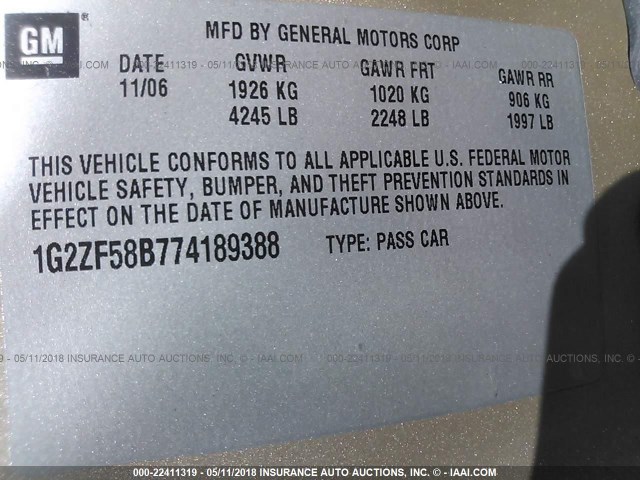 1G2ZF58B774189388 - 2007 PONTIAC G6 VALUE LEADER/BASE Champagne photo 9