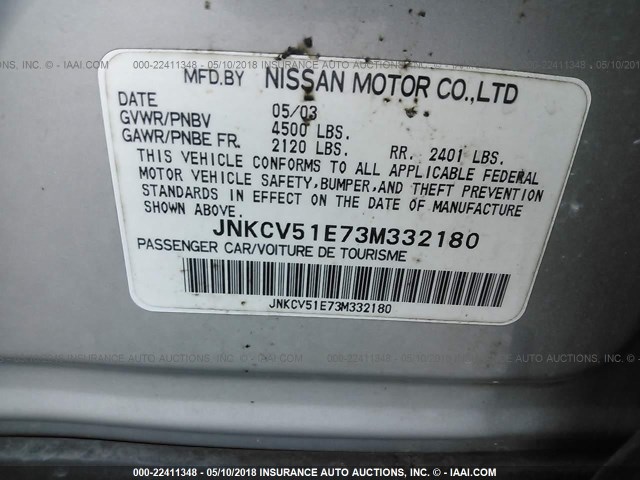 JNKCV51E73M332180 - 2003 INFINITI G35 SILVER photo 9