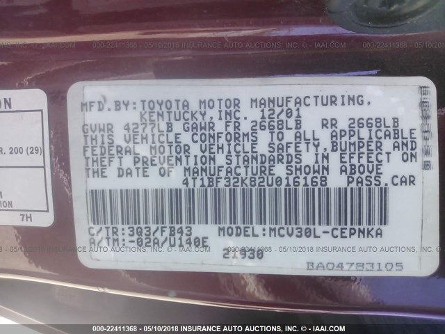 4T1BF32K82U016168 - 2002 TOYOTA CAMRY LE/XLE/SE RED photo 9