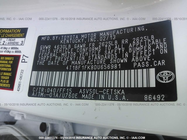 4T1BF1FK8DU656981 - 2013 TOYOTA CAMRY L/SE/LE/XLE 白色 照片 9