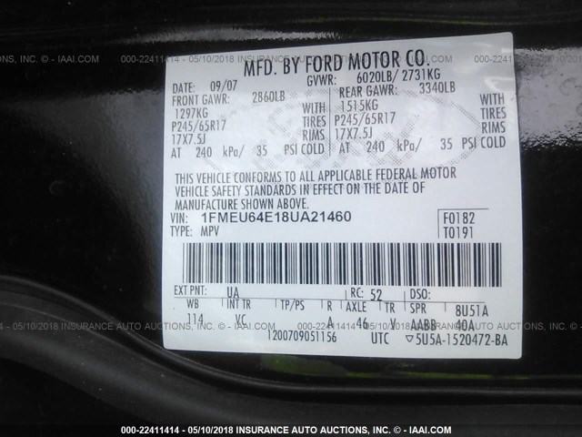 1FMEU64E18UA21460 - 2008 FORD EXPLORER EDDIE BAUER BLACK photo 9