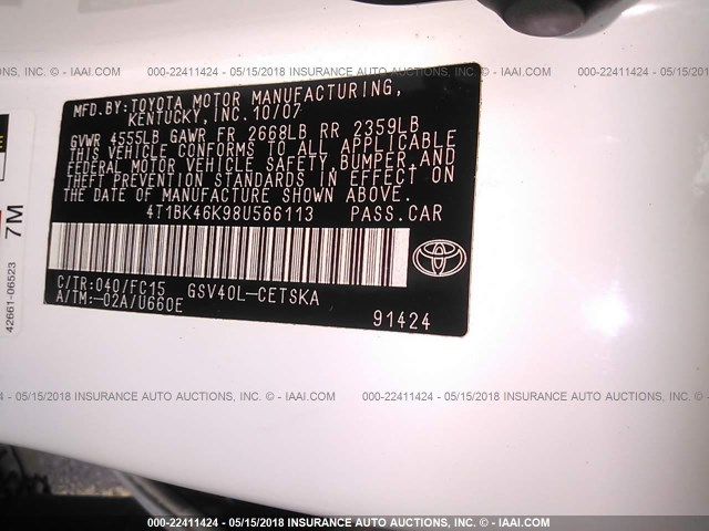 4T1BK46K98U566113 - 2008 TOYOTA CAMRY LE/XLE/SE თეთრი ფოტო 9