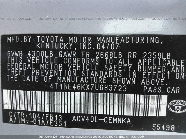 4T1BE46KX7U683723 - 2007 TOYOTA CAMRY NEW GENERAT CE/LE/XLE/SE SILVER photo 9