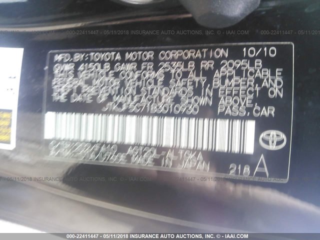 JTKJF5C71B3010930 - 2011 TOYOTA SCION TC 黑色 照片 9