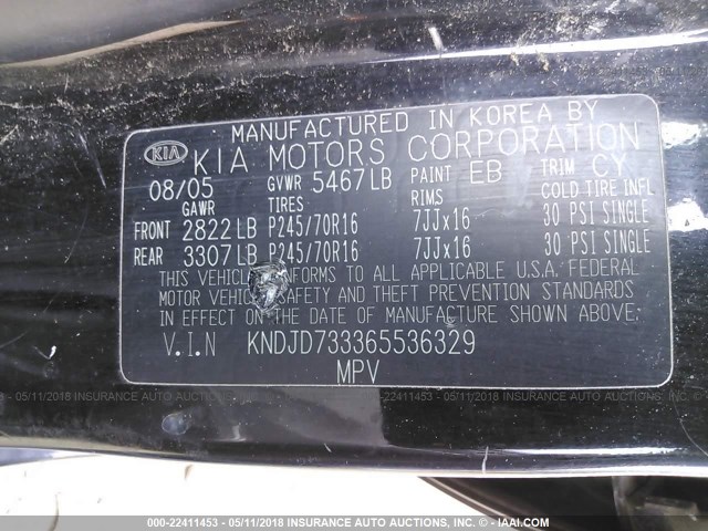 KNDJD733365536329 - 2006 KIA SORENTO EX/LX BLACK photo 9