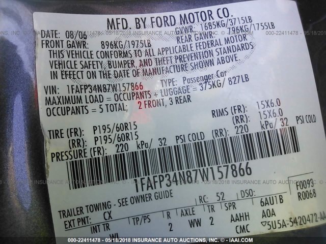 1FAFP34N87W157866 - 2007 FORD FOCUS ZX4/S/SE/SES 灰色 照片 9