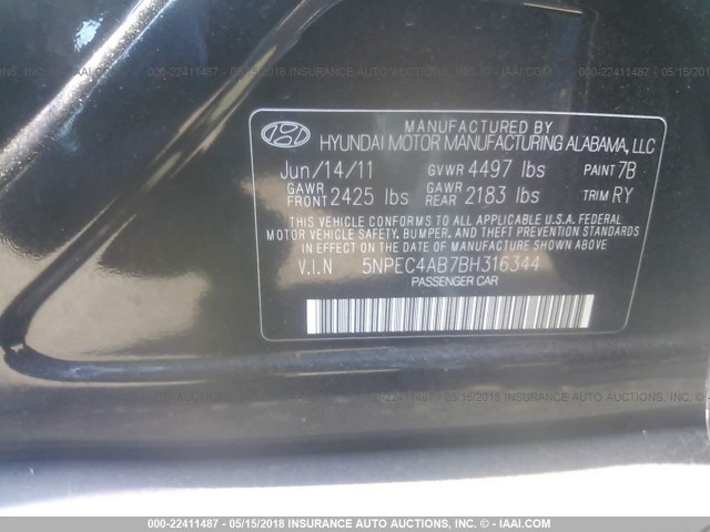 5NPEC4AB7BH316344 - 2011 HYUNDAI SONATA SE/LIMITED BLACK photo 9