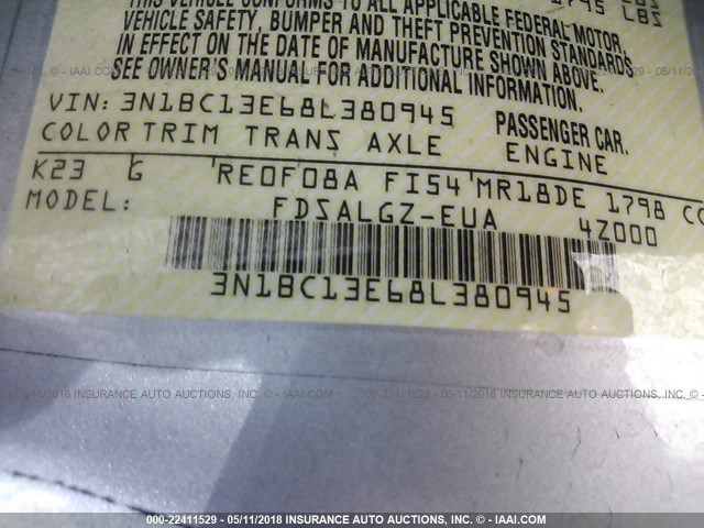 3N1BC13E68L380945 - 2008 NISSAN VERSA S/SL SILVER photo 9