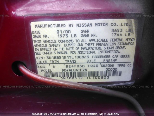 3N1BB51D1YL100823 - 2000 NISSAN SENTRA SE RED photo 9