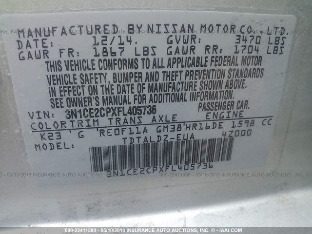 3N1CE2CPXFL405736 - 2015 NISSAN VERSA NOTE S/S PLUS/SV/SL/SR SILVER photo 9