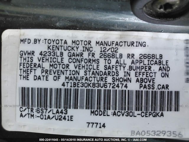 4T1BE30K83U672474 - 2003 TOYOTA CAMRY LE/XLE/SE მწვანე ფოტო 9