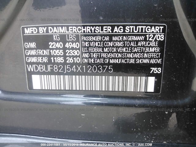 WDBUF82J54X120375 - 2004 MERCEDES-BENZ E 320 4MATIC GRAY photo 9