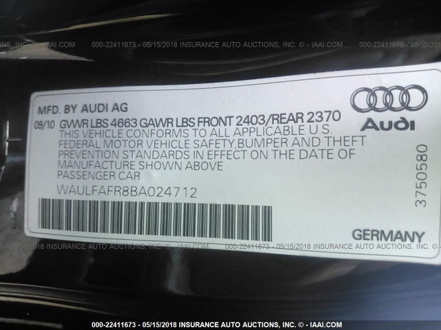 WAULFAFR8BA024712 - 2011 AUDI A5 PREMIUM PLUS BLACK photo 9