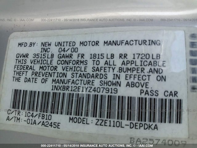 1NXBR12E1YZ407919 - 2000 TOYOTA COROLLA VE/CE/LE 银色 照片 9