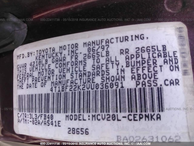 4T1BF22K2VU036091 - 1997 TOYOTA CAMRY CE/LE/XLE 红色 照片 9