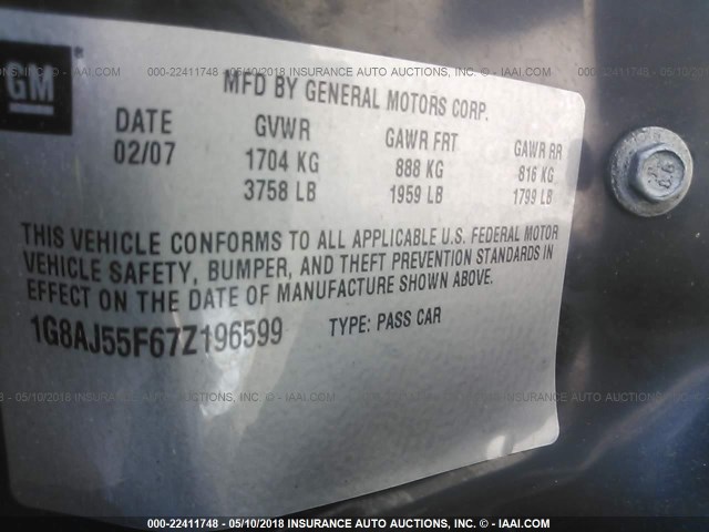 1G8AJ55F67Z196599 - 2007 SATURN ION LEVEL 2 GRAY photo 9