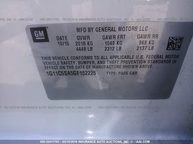 1G11C5SA5GF152225 - 2016 CHEVROLET MALIBU LIMITED LT 白色 照片 9