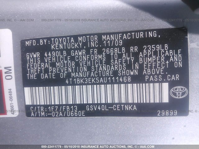 4T1BK3EK5AU111468 - 2010 TOYOTA CAMRY SE/LE/XLE SILVER photo 9