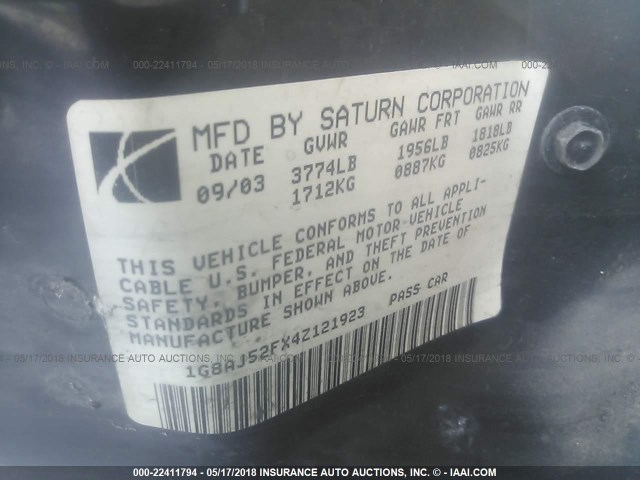 1G8AJ52FX4Z121923 - 2004 SATURN ION LEVEL 2 GOLD photo 9