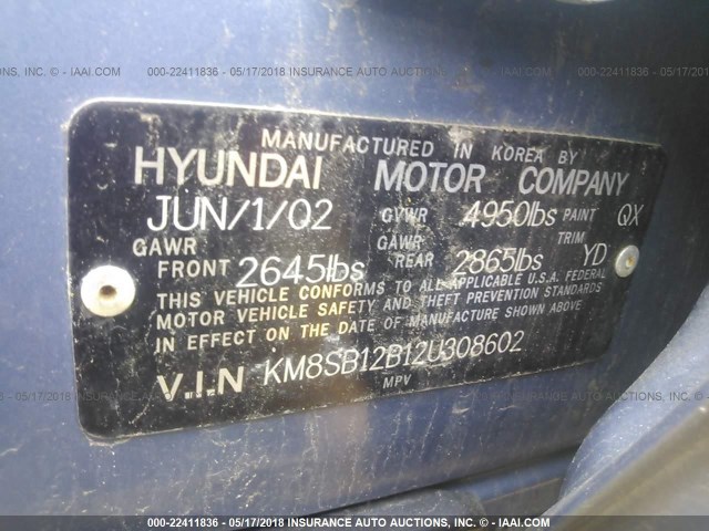 KM8SB12B12U308602 - 2002 HYUNDAI SANTA FE GL BLUE photo 9