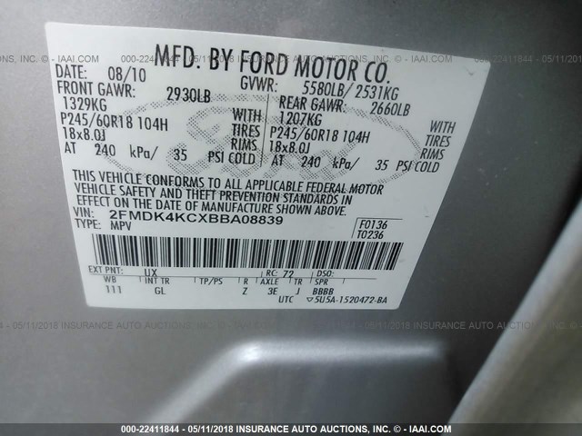 2FMDK4KCXBBA08839 - 2011 FORD EDGE LIMITED SILVER photo 9