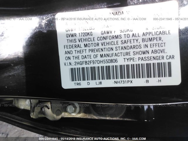 2HGFB2F97DH550806 - 2013 HONDA CIVIC EXL BLACK photo 9
