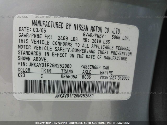 JNKAY01F26M252980 - 2006 INFINITI M35 SPORT SILVER photo 9