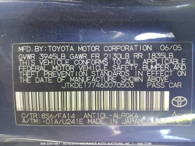 JTKDE177460070503 - 2006 TOYOTA SCION TC 深蓝色 照片 9