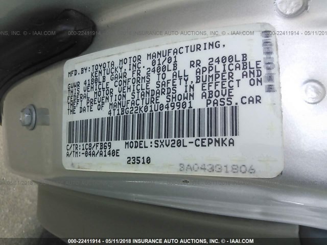 4T1BG22K01U049901 - 2001 TOYOTA CAMRY CE/LE/XLE SILVER photo 9