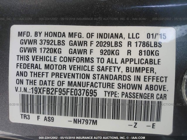 19XFB2F95FE037695 - 2015 HONDA CIVIC EXL 灰色 照片 9