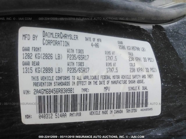 2A4GM68456R830981 - 2006 CHRYSLER PACIFICA TOURING BLACK photo 9