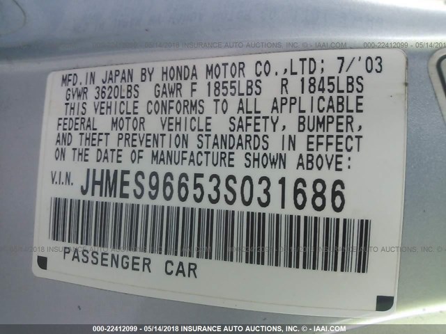 JHMES96653S031686 - 2003 HONDA CIVIC HYBRID BLUE photo 9