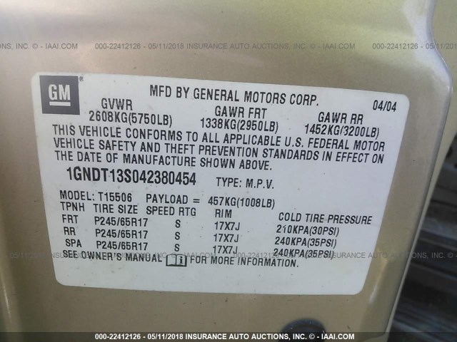 1GNDT13S042380454 - 2004 CHEVROLET TRAILBLAZER LS/LT GOLD photo 9