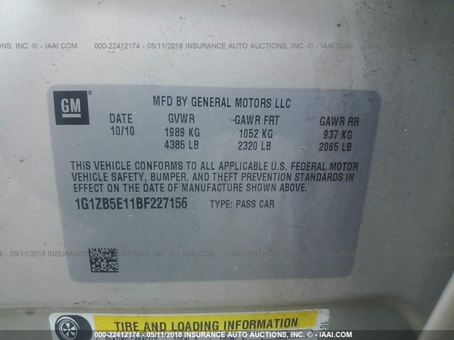 1G1ZB5E11BF227156 - 2011 CHEVROLET MALIBU LS 香槟色 照片 9